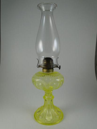 Antique Victorian Vaseline Yellow Glass EAPG Kerosene Lamp Queen Anne 